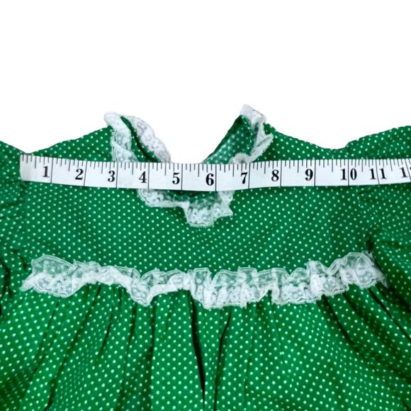 Vintage Handmade Girls Green Polka Dot Spring Dress Lace Trim Front Pockets - Picture 6 of 8